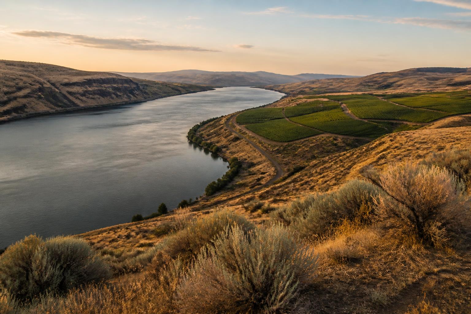 Columbia River winding through the Tri-Cities, Washington landscape.
